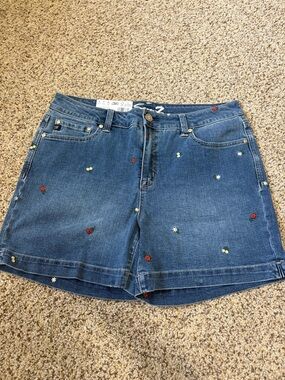 Seven7 Blue Denim Shorts with Embroidered Floral Accents